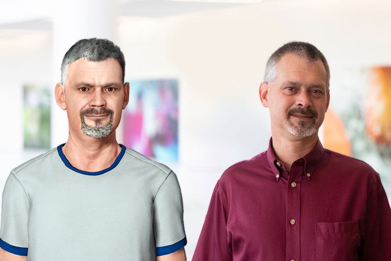An illustration demonstrating what a "future self" avatar looks like. On the left, Brandon Oberlin's avatar, on the right, a photo of Oberlin.