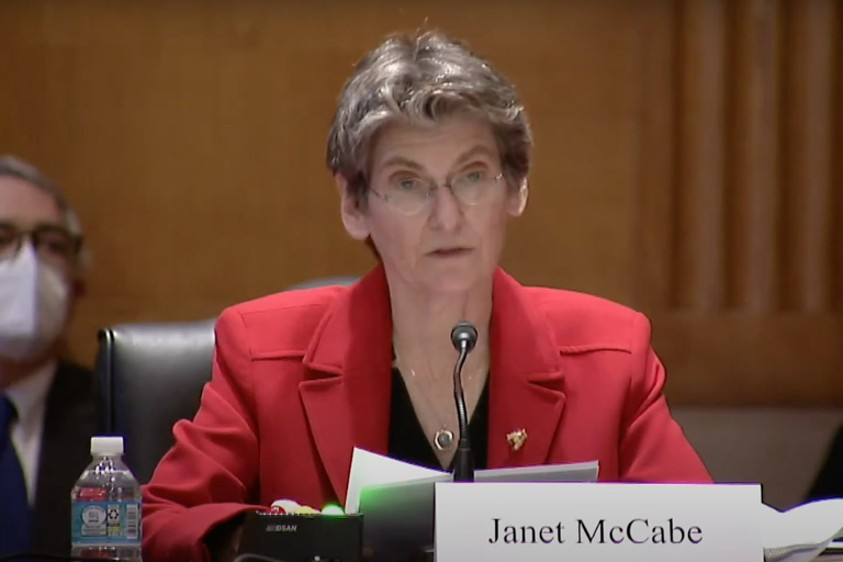 Snapshot of Janet McCabe in a courtroom setting